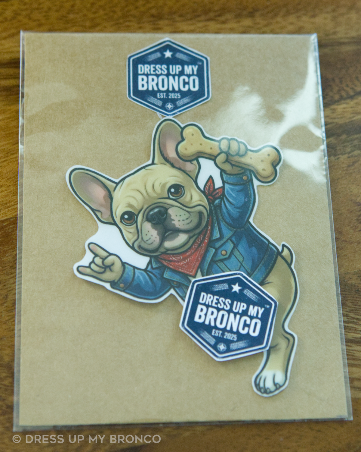 Frenchie & Roll — Bronco Emblem Vinyl Decal (Woof Edition, Beige Frenchie)
