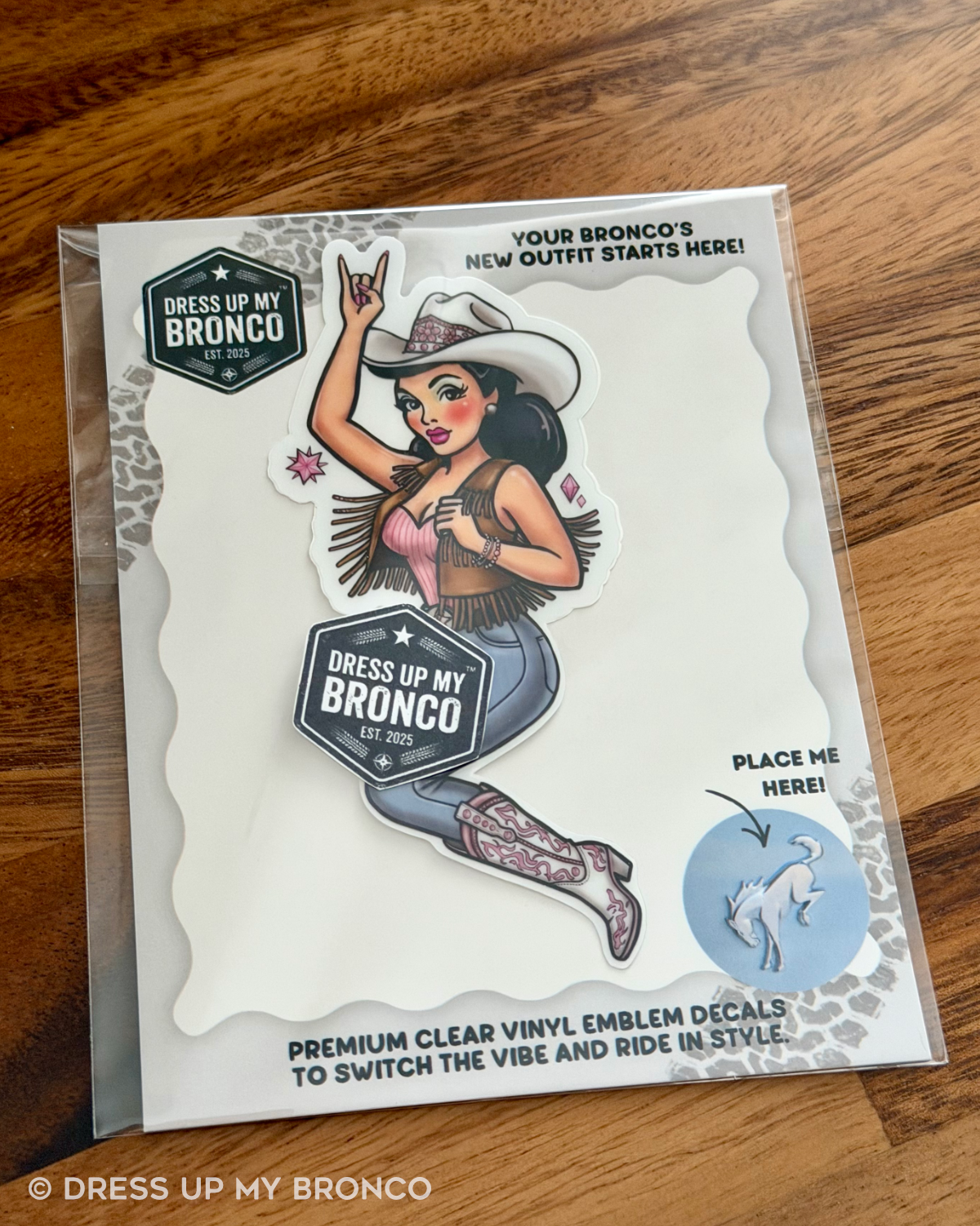 Brunette Cowgirl Bronco Bombshell (Pretty in Pink) — Bronco Emblem Vinyl Decal