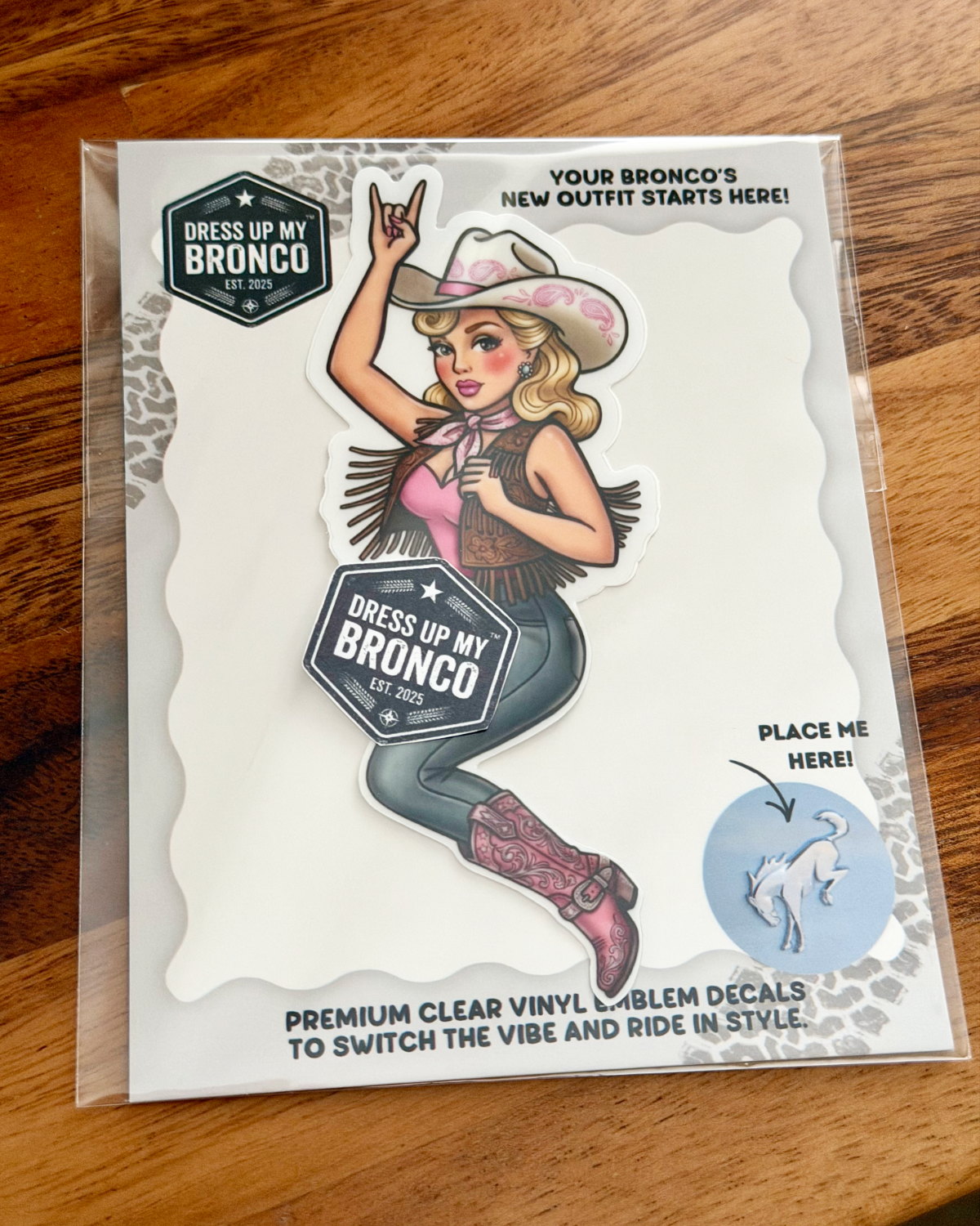 Golden Cowgirl Bronco Bombshell (Pretty in Pink) — Bronco Emblem Vinyl Decal