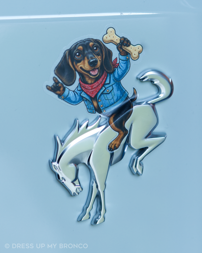 Buckin' Dachshund — Bronco Rear Emblem Vinyl Decal