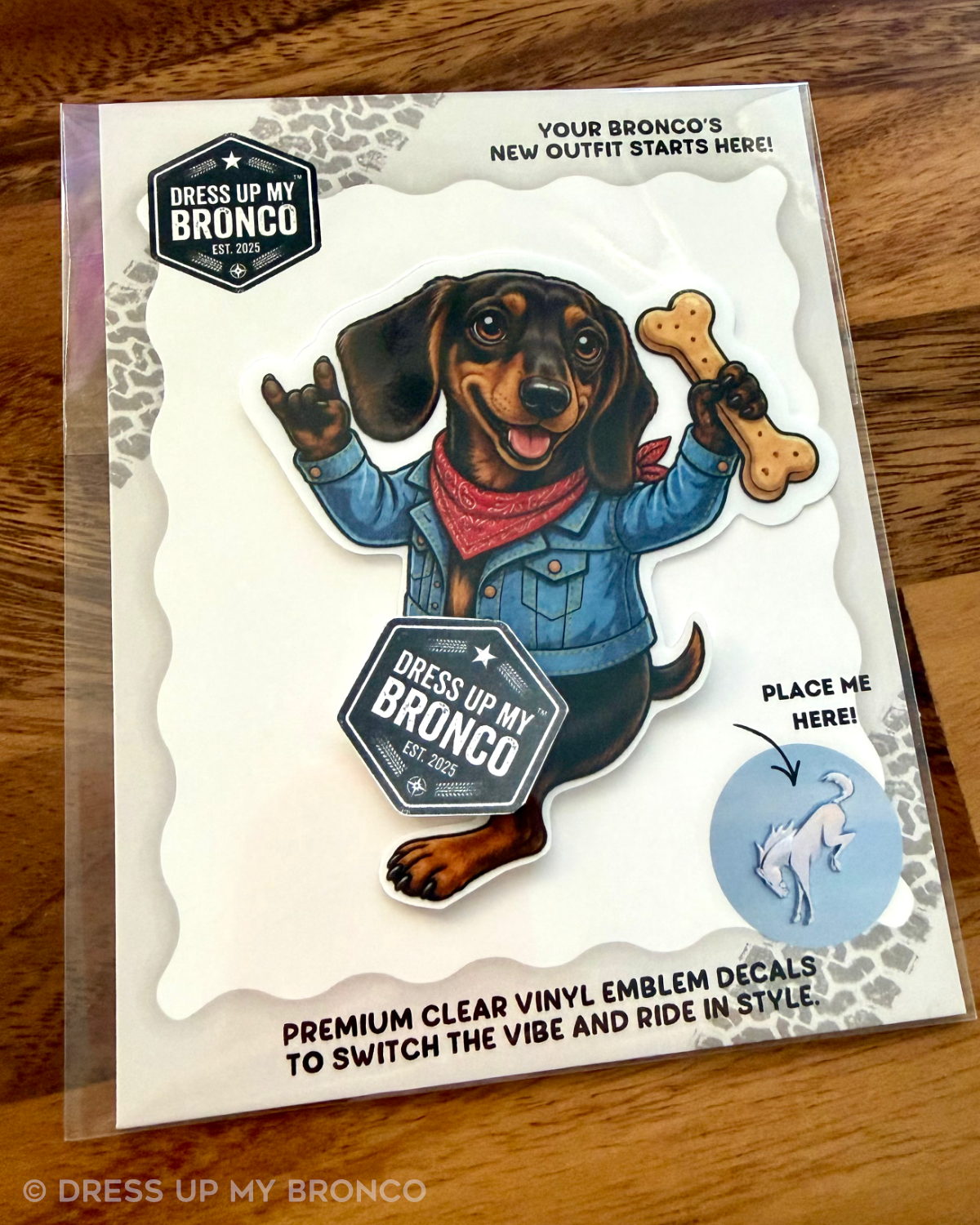 Buckin' Dachshund — Bronco Rear Emblem Vinyl Decal