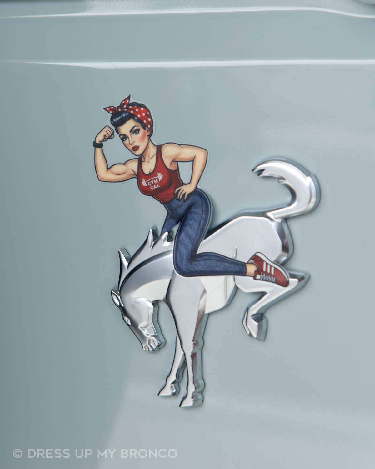 Fit Mode Babe (Rosie Pin-up) — Bronco Rear Emblem Vinyl Decal (Sports Mode Edition)