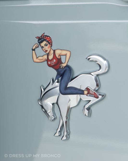 Fit Mode Babe (Rosie Pin-up) — Bronco Rear Emblem Vinyl Decal (Sports Mode Edition)