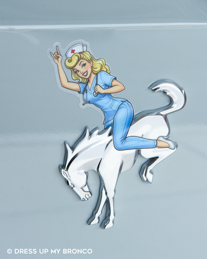 Blondie Bronco Nurse Bombshell — Bronco Rear Emblem Vinyl Decal (Careers Vibes Edition)