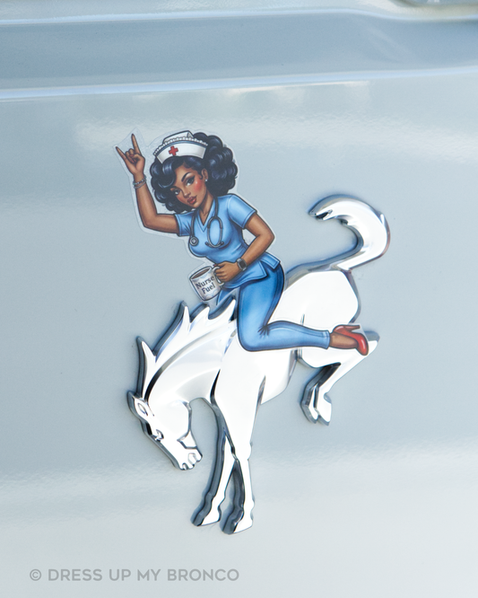 Midnight Shift Bronco Nurse Bombshell — Bronco Rear Emblem Vinyl Decal (Careers Vibes Edition)