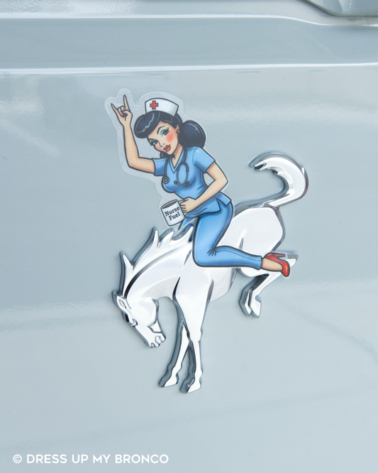 Brunette Bronco Nurse Bombshell — Bronco Rear Emblem Vinyl Decal (Careers Vibes Edition)