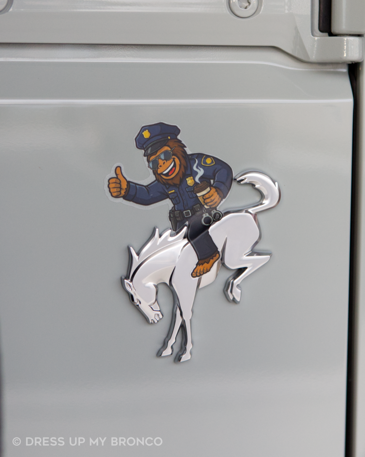 Sasquatchy on Patrol — Bronco Emblem Decal (Sasq on Duty Edition)