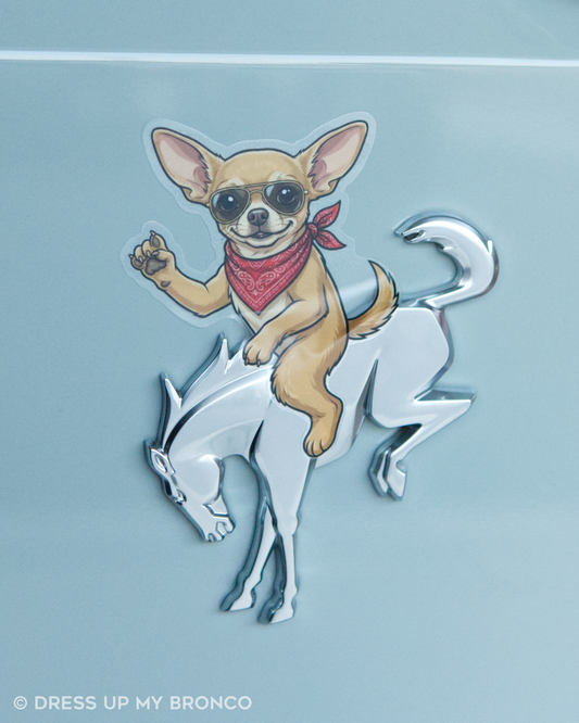 Chill Chihuahua — Bronco Rear Emblem Vinyl Decal (Woof Edition)