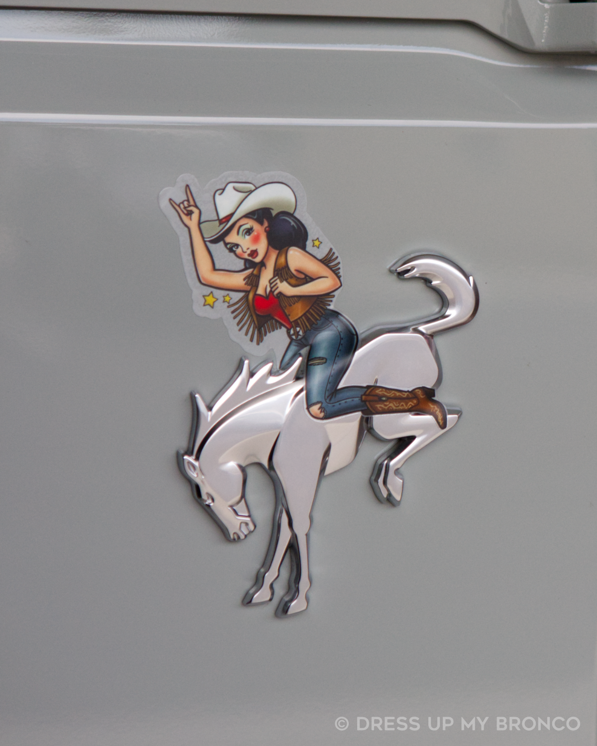Brunette Cowgirl Bronco Bombshell — Bucking Emblem Vinyl Decal (Pin-Up Edition)
