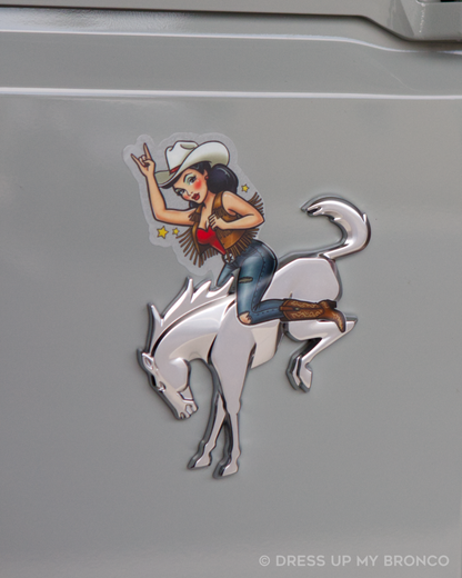 Brunette Cowgirl Bronco Bombshell — Bucking Emblem Vinyl Decal (Pin-Up Edition)