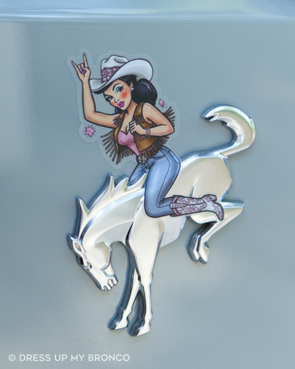 Brunette Cowgirl Bronco Bombshell (Pretty in Pink) — Bronco Emblem Vinyl Decal