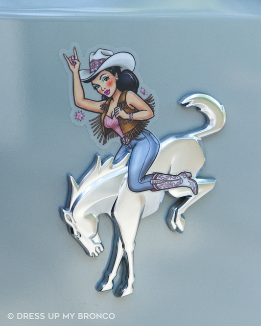 Brunette Cowgirl Bronco Bombshell (Pretty in Pink) — Bronco Emblem Vinyl Decal