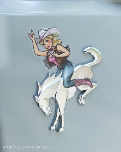 Golden Cowgirl Bronco Bombshell (Pretty in Pink) — Bronco Emblem Vinyl Decal