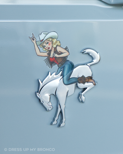 Golden Cowgirl Bronco Bombshell — Bucking Emblem Vinyl Decal (Pin-Up Edition)